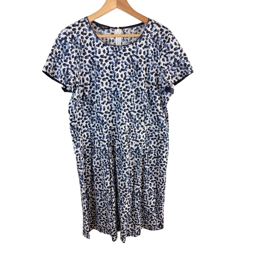 Lafayette 148 New York Polka Dot Dress Women 16 Blue White Short Sleeve